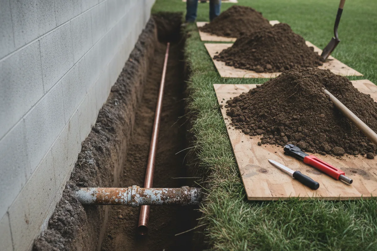 Excavated water line trench during Sewer Line Repair in Geigertown